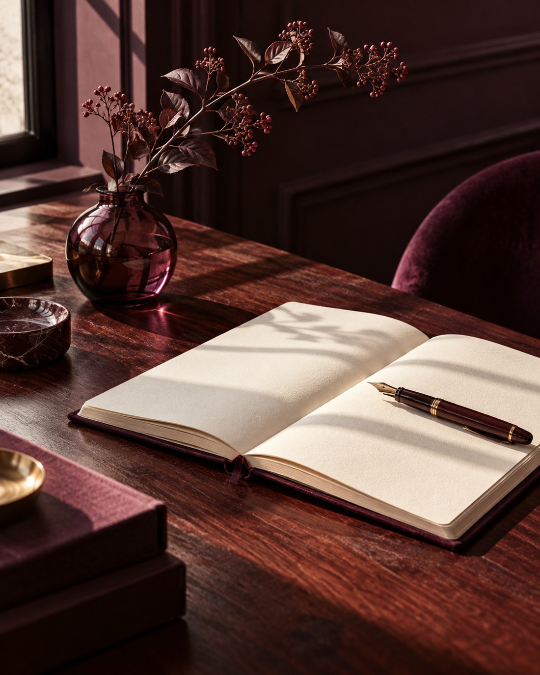 An open notebook and pen in a sunlit workspace